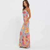 Elegant Spaghetti Strap Printed Maxi Dress - Sexy Backless Long Dress for Summer