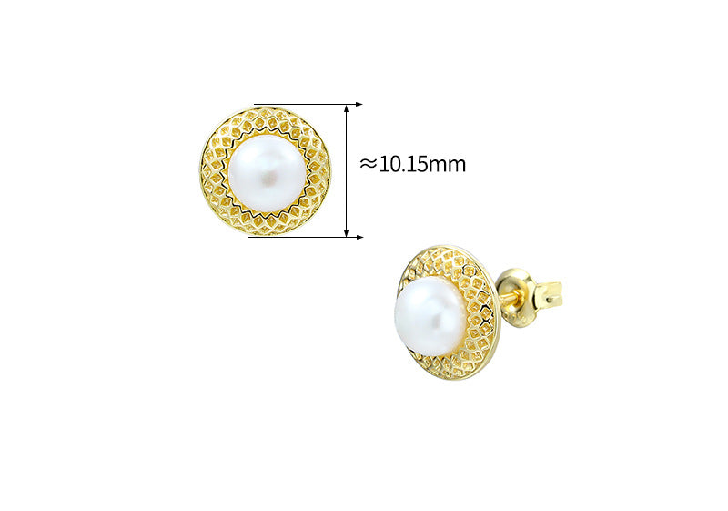 Silver Vintage Natural Pearl Honeycomb Stud Earrings - Dazpy