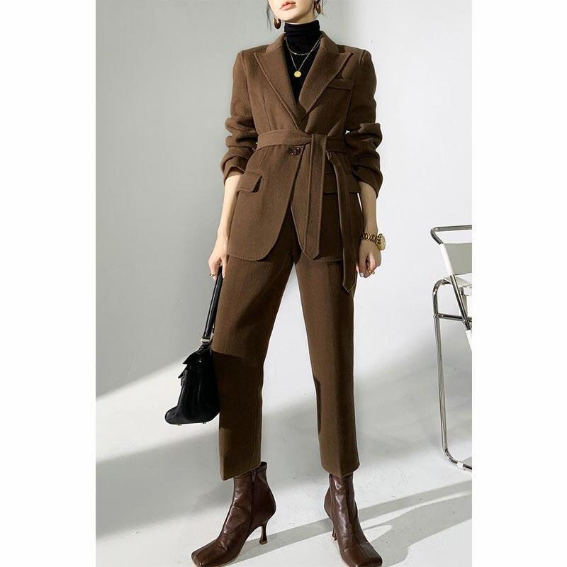 Autumn Winter Elegant Woolen Pant Suits with Belted Jackets and Warm Trousers for Women