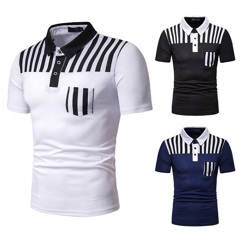 Nueva camisa polo de manga corta con costuras a rayas de talla europea para hombre de verano