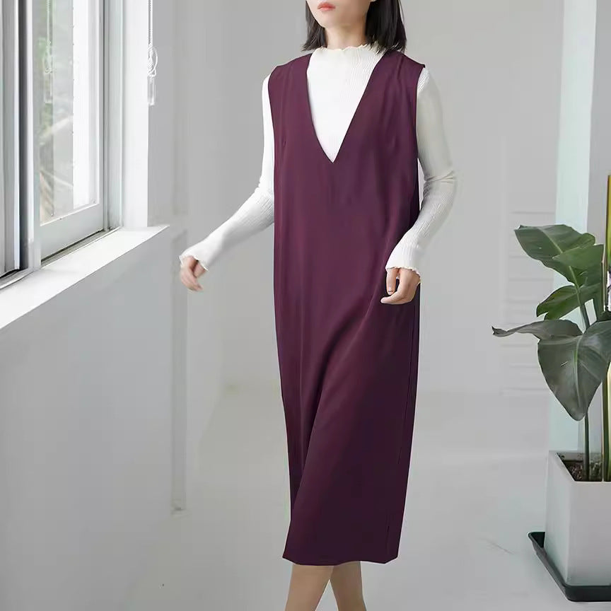 Autumn And Winter Sleeveless V-neck Overknee Long Dress Solid Color