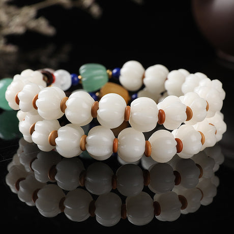 White Bodhi Root Carved Pumpkin Bead Jade Lotus Wenju Bracelet - Dazpy