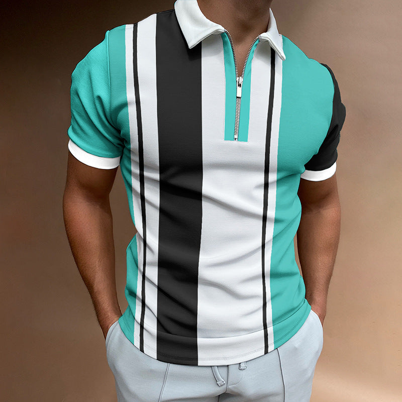 Men's POLO Lapel Striped Plaid Short Sleeve T-Shirt