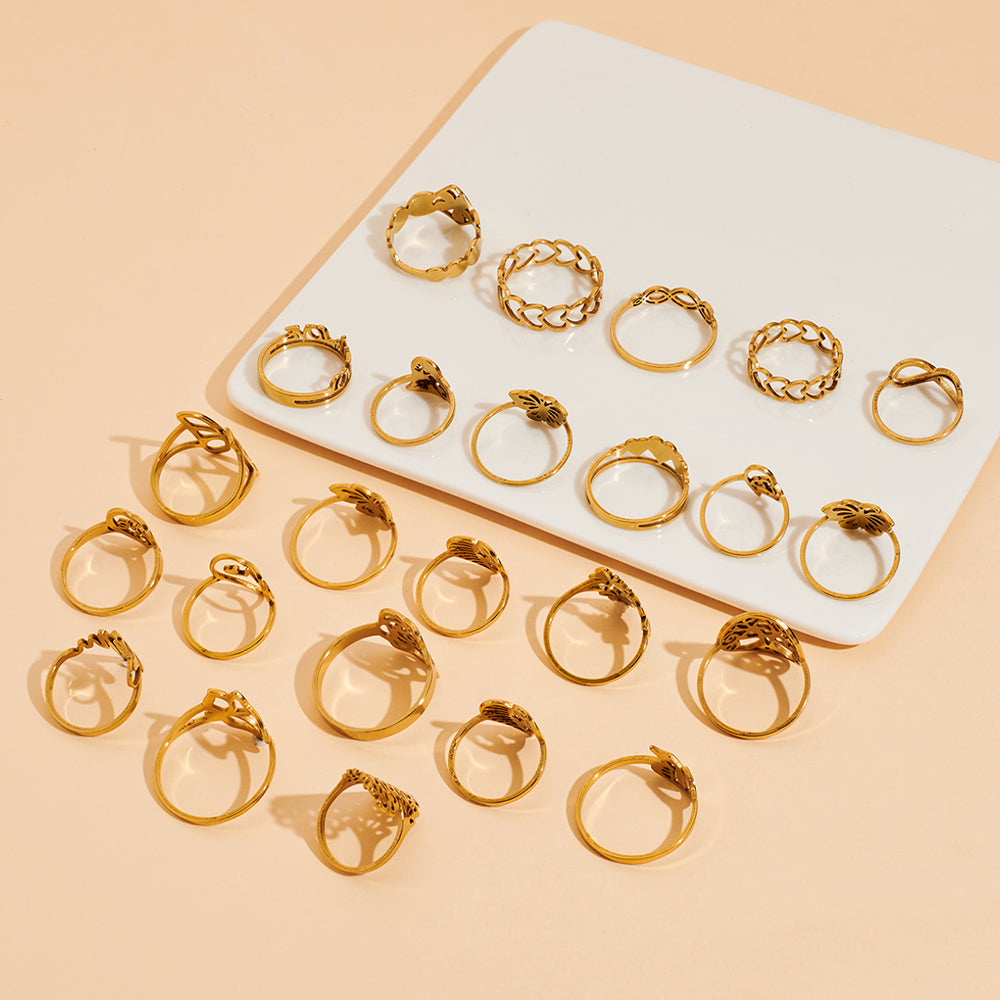 24 PCS Box 100 PCS Box Fashion Ring Set Gold Plated Stainless Steel Rings For Women Girls - Dazpy