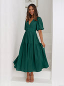 Vestido largo de mujer con escote en V profundo y manga abullonada