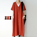 Women's V-Neck Contrast-Button A-Line Shirt Dress