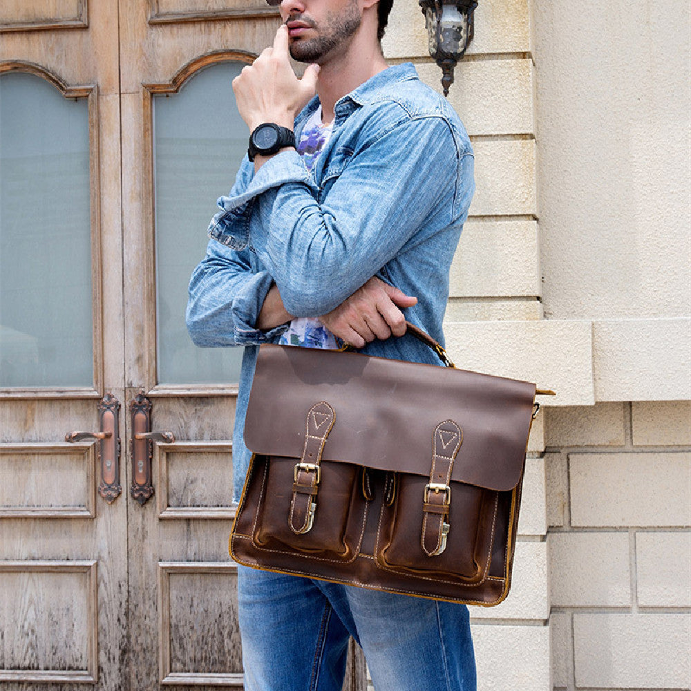 Men's Fashion Personality Leather Retro Portable Briefcase - Dazpy