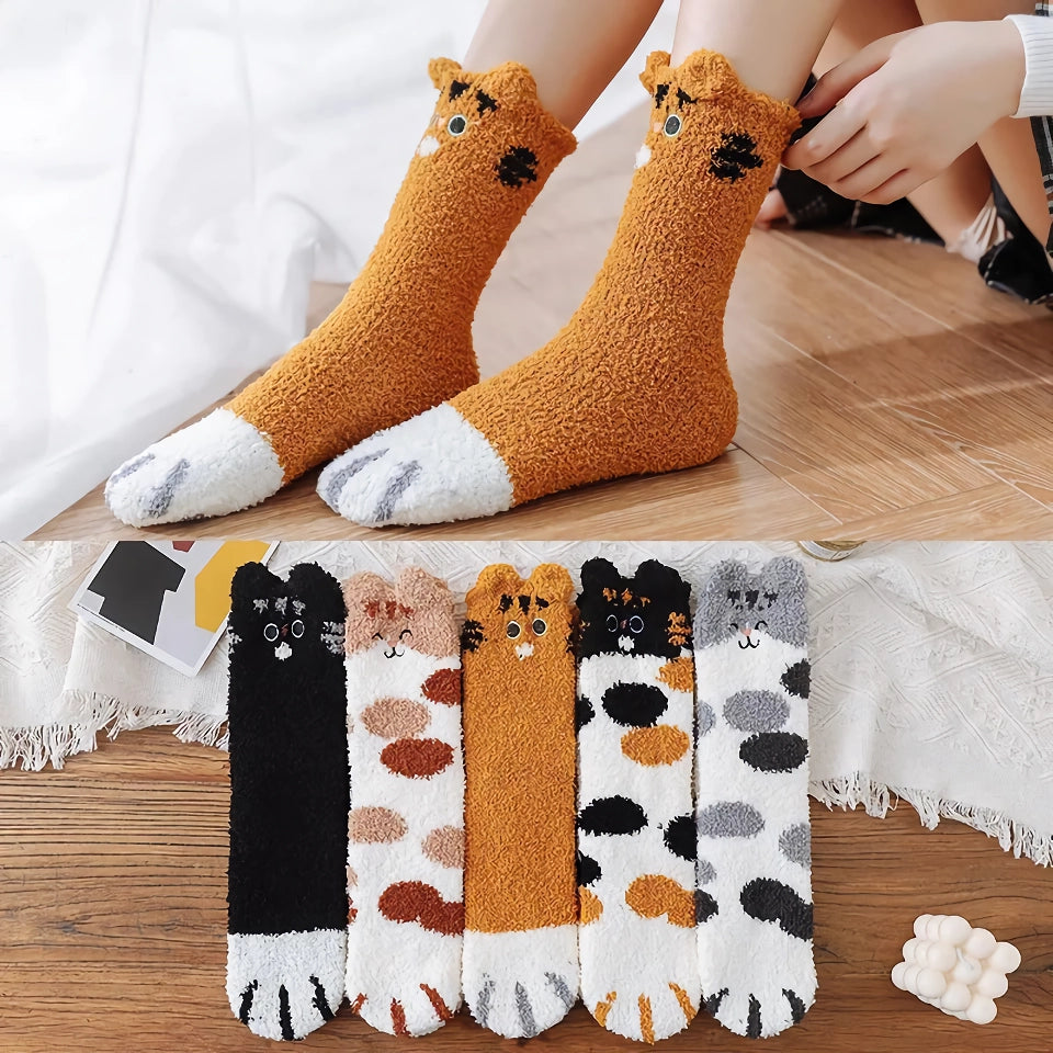 Süße Cartoon-Kätzchen-Fleece-Socken mit warmem Innenbereich – Kawaii-Katzenkrallen-Design