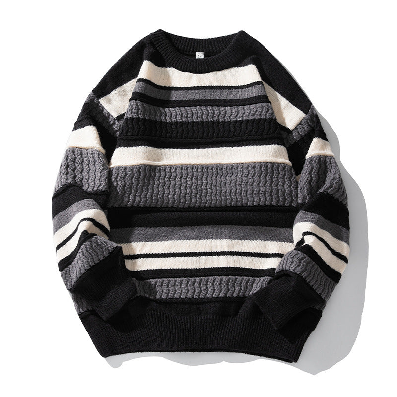 Japanese Round Neck Sweater Men's Striped Color Contrast Patchwork