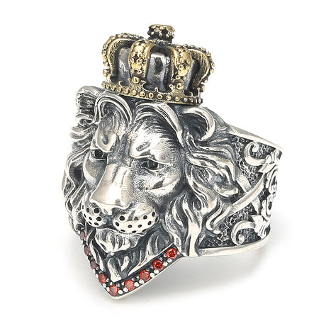 Vintage Crown Lion King Sterling Silver Cross Male Lion Head Ring - Dazpy