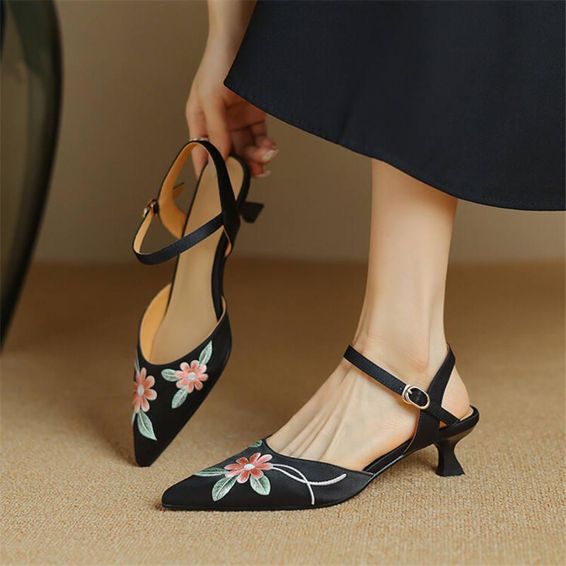 Embroidered Fashion Sandals with Pointed Toe and Spike Heels