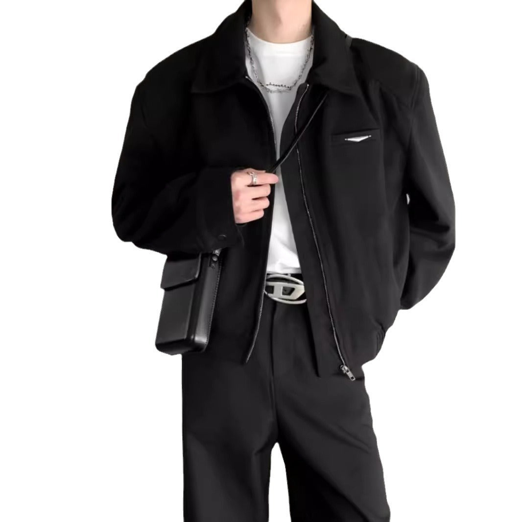 Autumn And Winter Pu Shuai Mei Style Padded Shoulder Coat High Sense Black Turn-down Collar Baseball Uniform