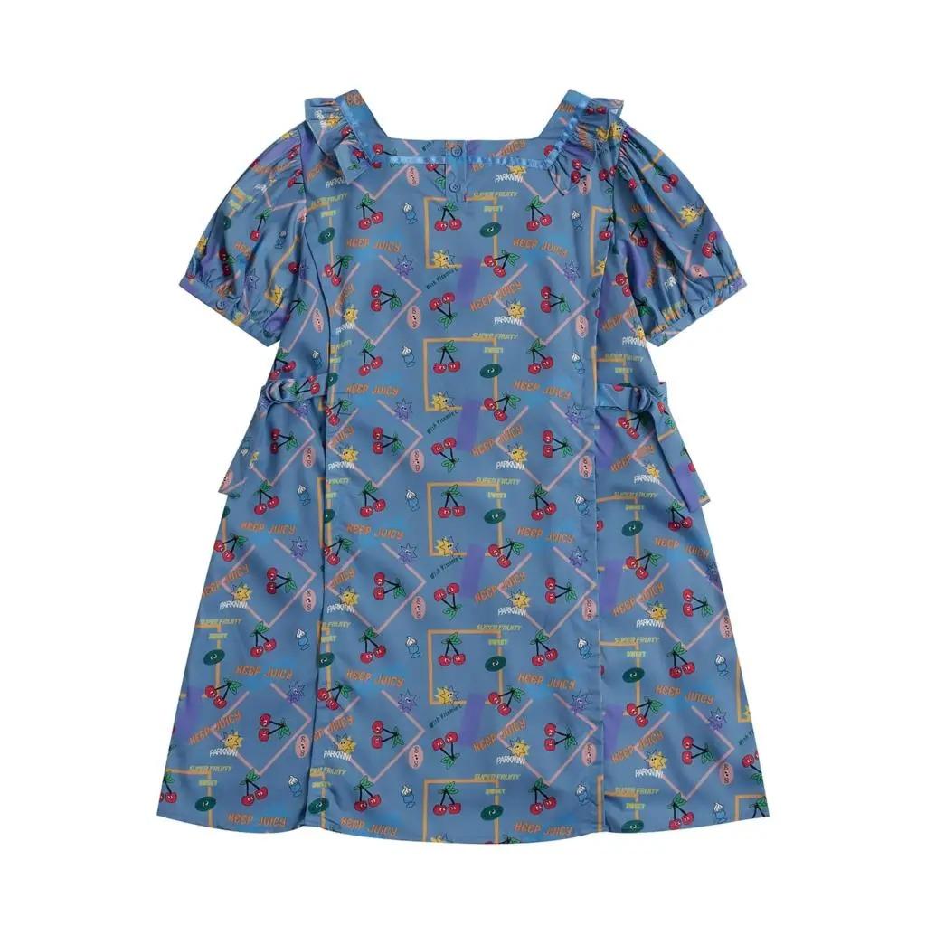 Knielanges Sommerkleid aus Chiffon mit Puffärmeln und Früchte-Print