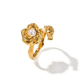 Gold Stainless Camellia Ring with Shellfish Beads