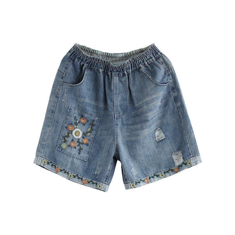 Sommerliche Jeansshorts mit Blumenstickerei, hoher Taille und weitem Bein