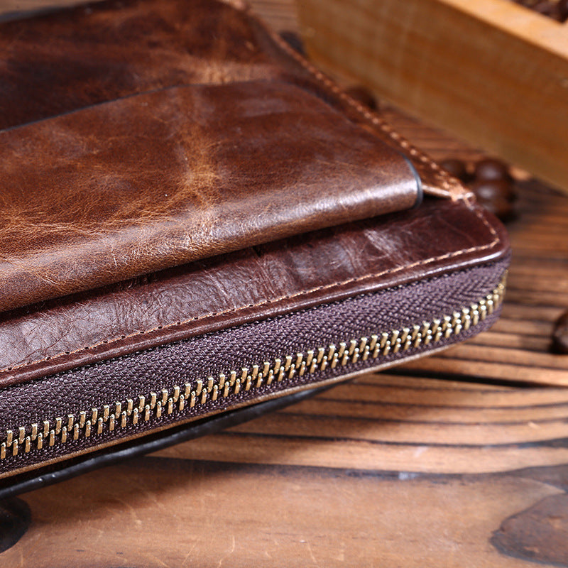 Vintage oil wax leather men's long wallet - Dazpy