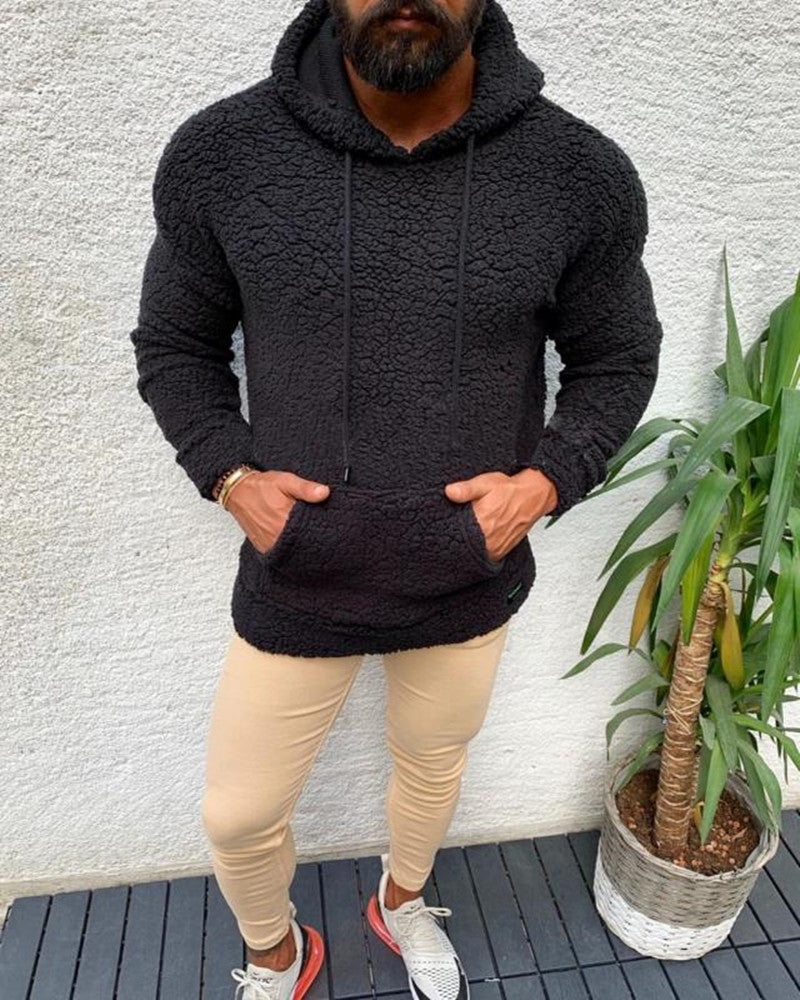 Men's hooded lamb wool sweater with velvet pockets