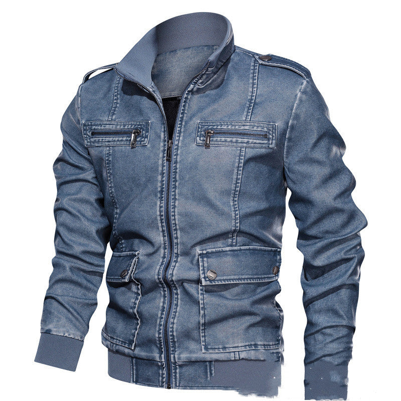 Men's Lapel Solid Color 3D Pu Leather Jacket