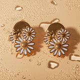 18K Gold Plated Daisy Stud Earrings in White Dripping Oil Finish