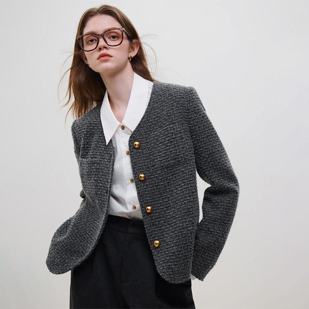 Elegante chaqueta de tweed de lana de invierno para mujer