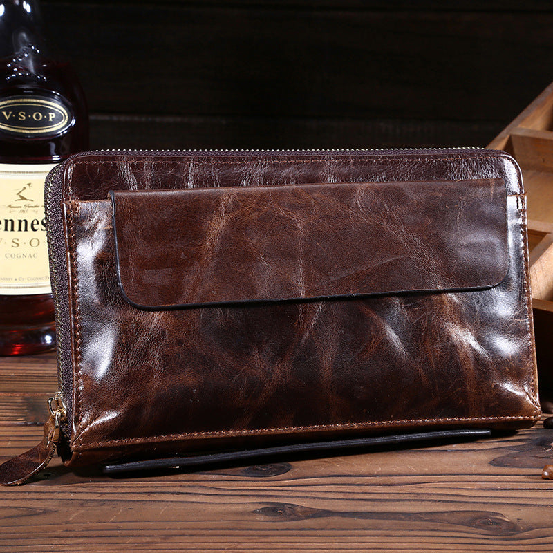 Vintage oil wax leather men's long wallet - Dazpy