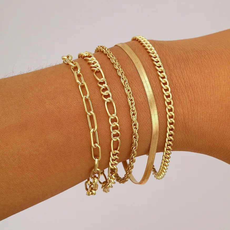 Juego de 6 pulseras doradas: diseño de cadena cubana boho chic para mujer