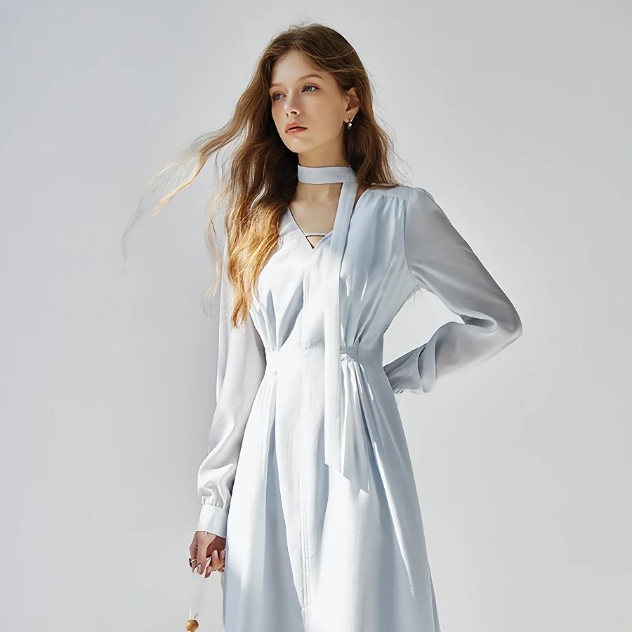 French Style V-Neck Light Blue Ribbon Dress