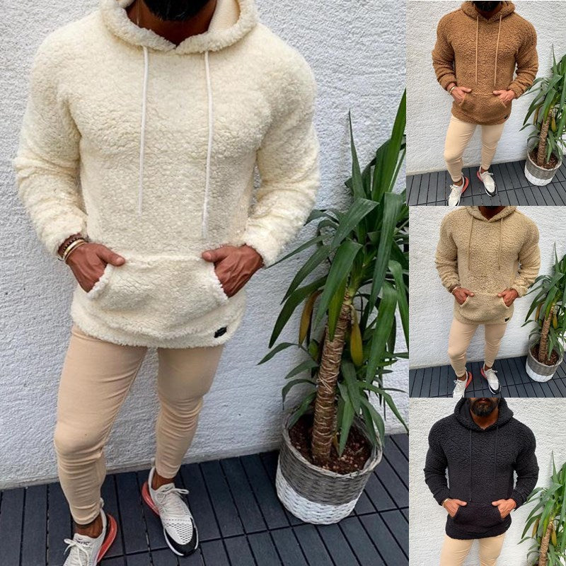 Men's hooded lamb wool sweater with velvet pockets