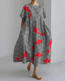Printed Short-Sleeve Patchwork Midi Dress