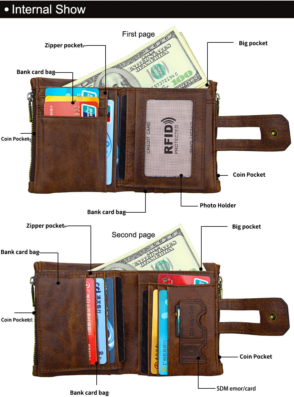 Anti-theft brush RFID first layer cowhide wallet - Dazpy