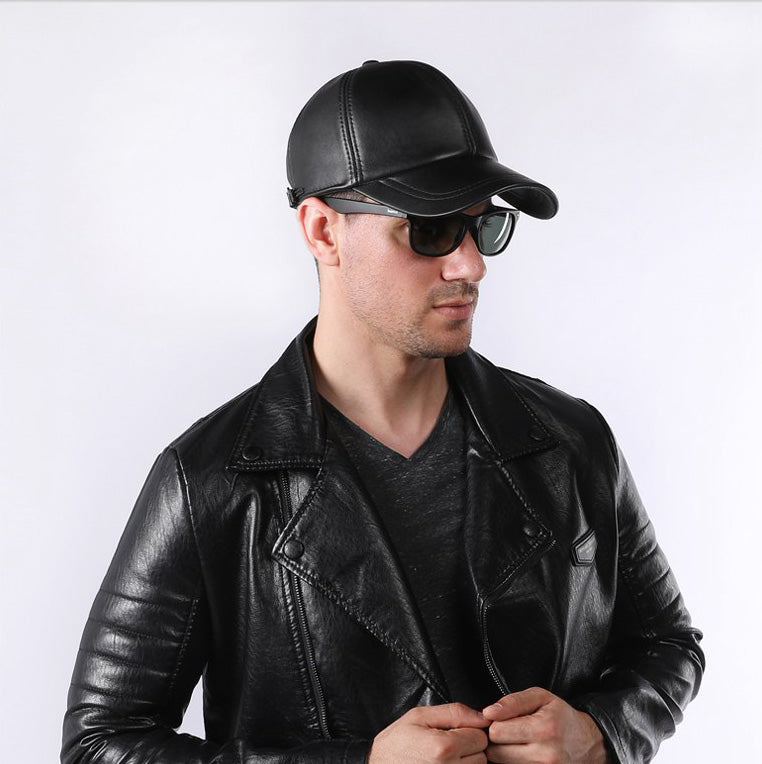 Gorra de béisbol de cuero genuino negra para hombre