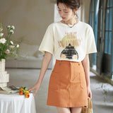 Spring Orange A-Line Skirt with High Waist and Symmetric Pockets