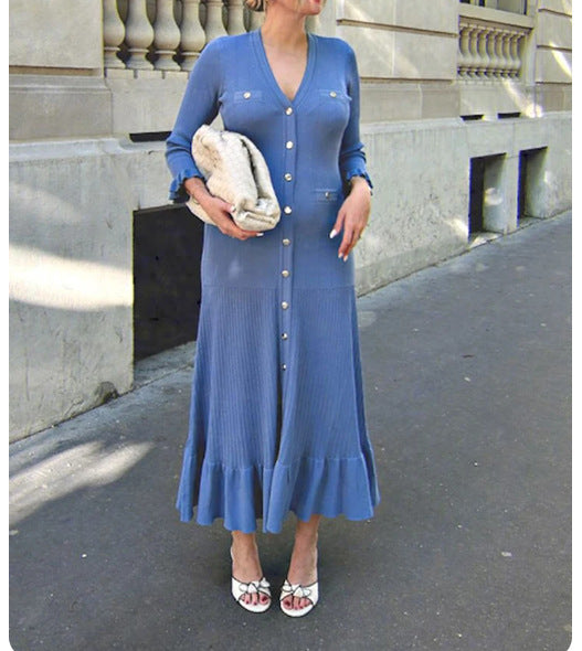 Vestido de punto de largo medio con mangas con volantes y escote en V elegante estilo francés para mujer