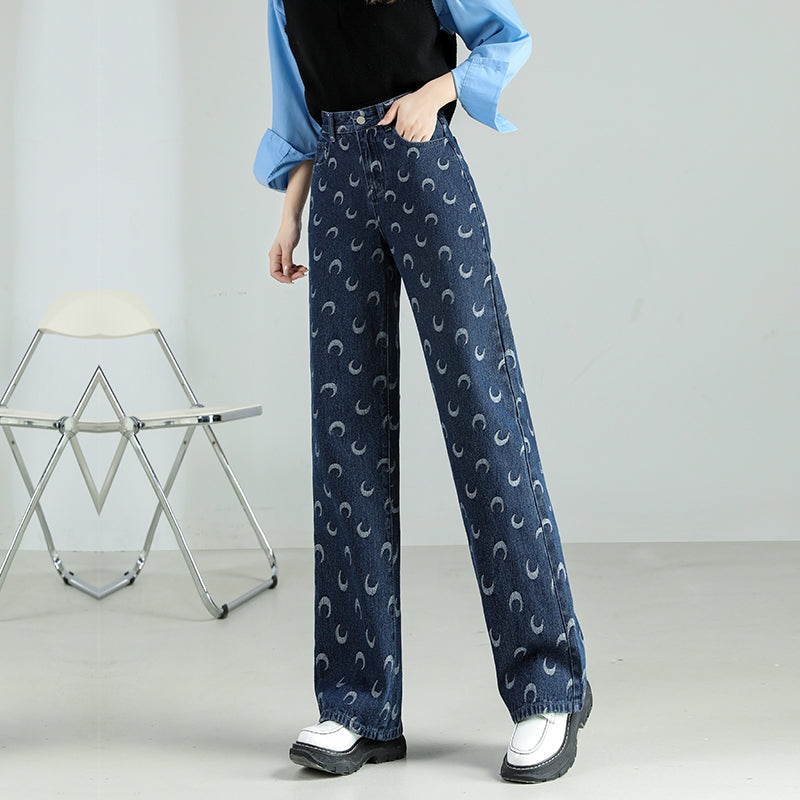 High-Waist Baggy-Jeans mit Moon-Print für Damen: Lässiger Denim im Vintage-Stil