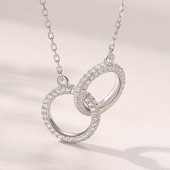 Silver Necklace Female Design Full Of Diamonds Double Ring - Dazpy