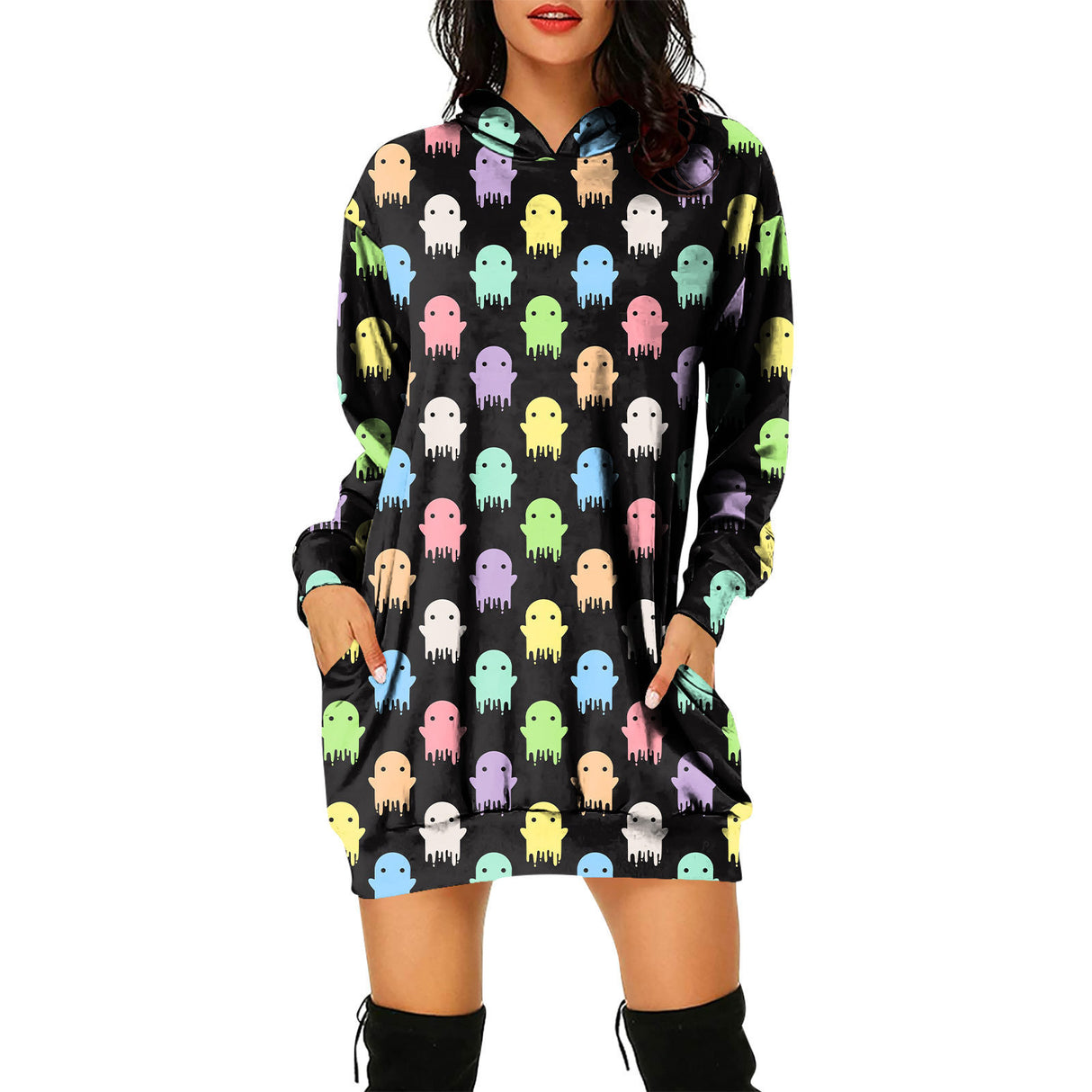 Pulloverkleid mit Kapuze für Damen mit Halloween-Motiv