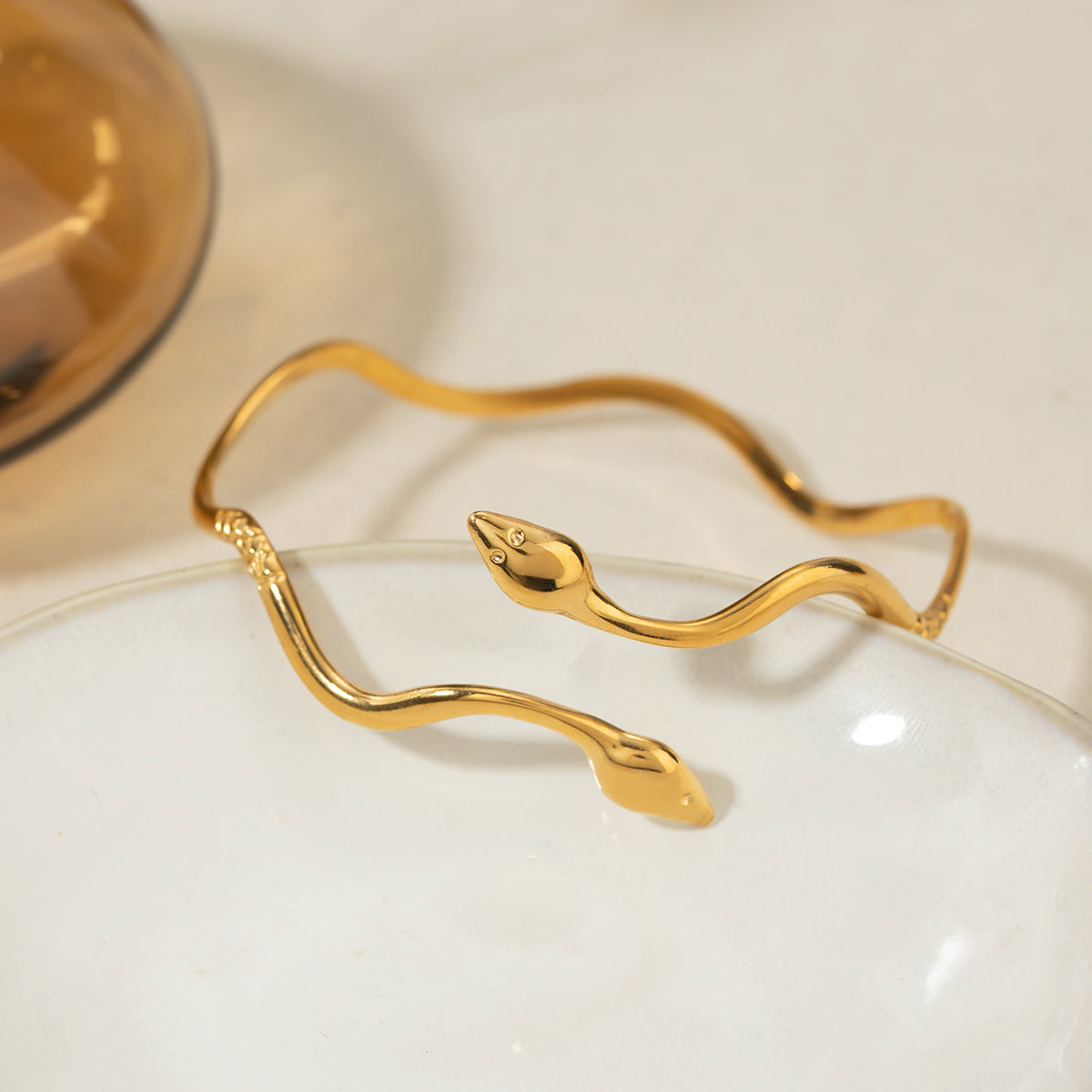 18K Gold Plated Stainless Steel Wavy Snake Bracelet - Waterproof Vintage Cuff for Women