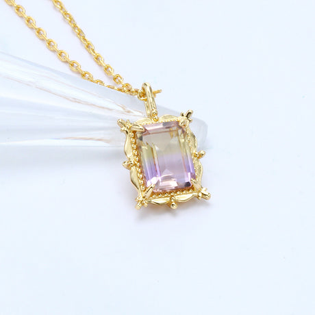 Octagonal Rectangular Purple Yellow Crystal Two-color Crystal S925 Silver Pendant - Dazpy