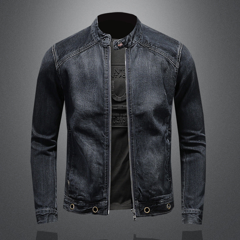 Men's Stand-up Collar Dark Blue Motorcycle Vintage Zipper Denim Coat