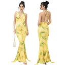 Vestido largo de mujer con cuello halter, escote en V y estampado amarillo