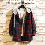 Neu Herrenmode Japanisches Plaid Mit Kapuze Langarmhemd Jugend Beiläufiges Loses Hemd