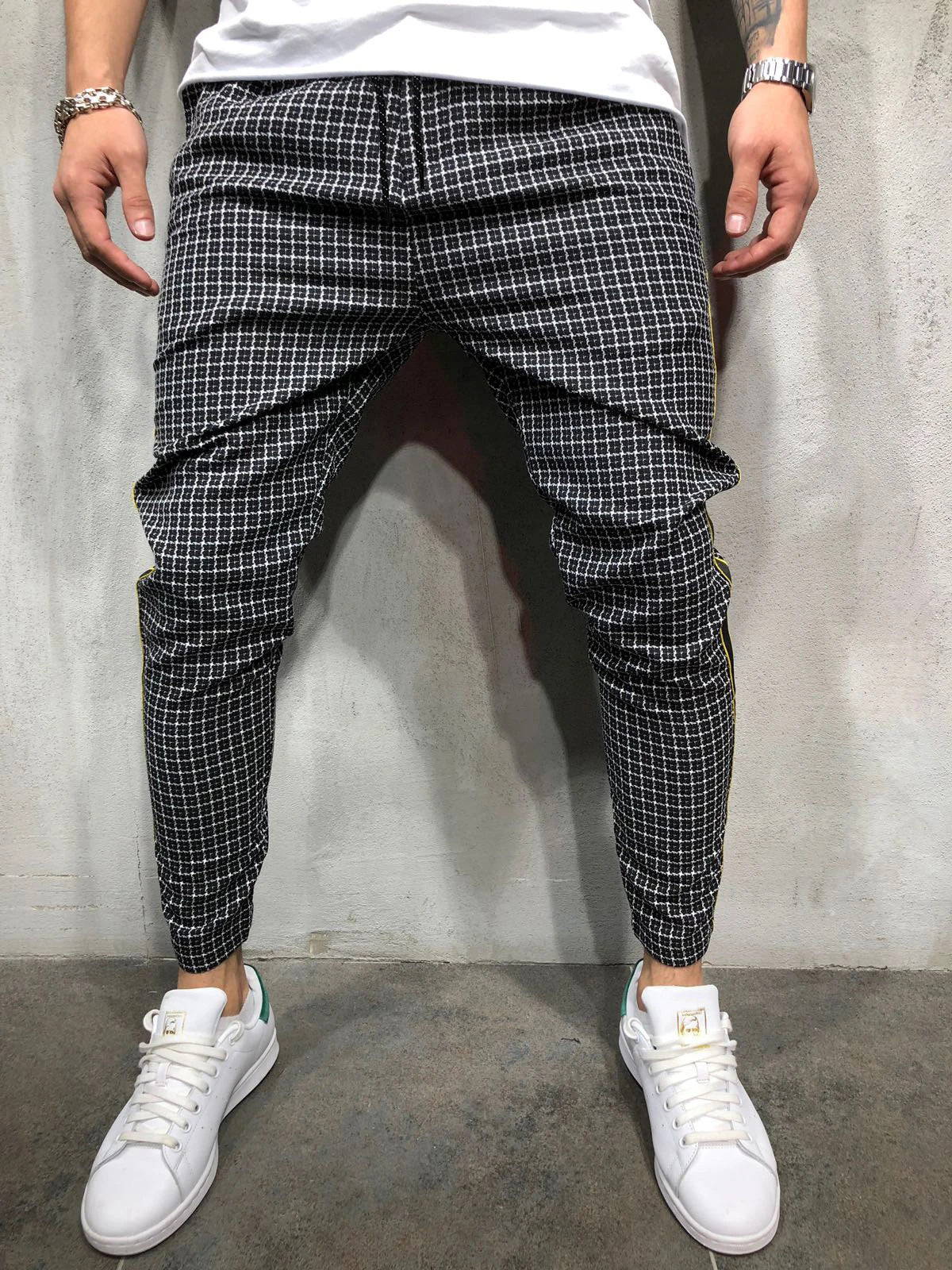 Slim-fit Webbing Stitching Lattice Tethered Casual Trousers