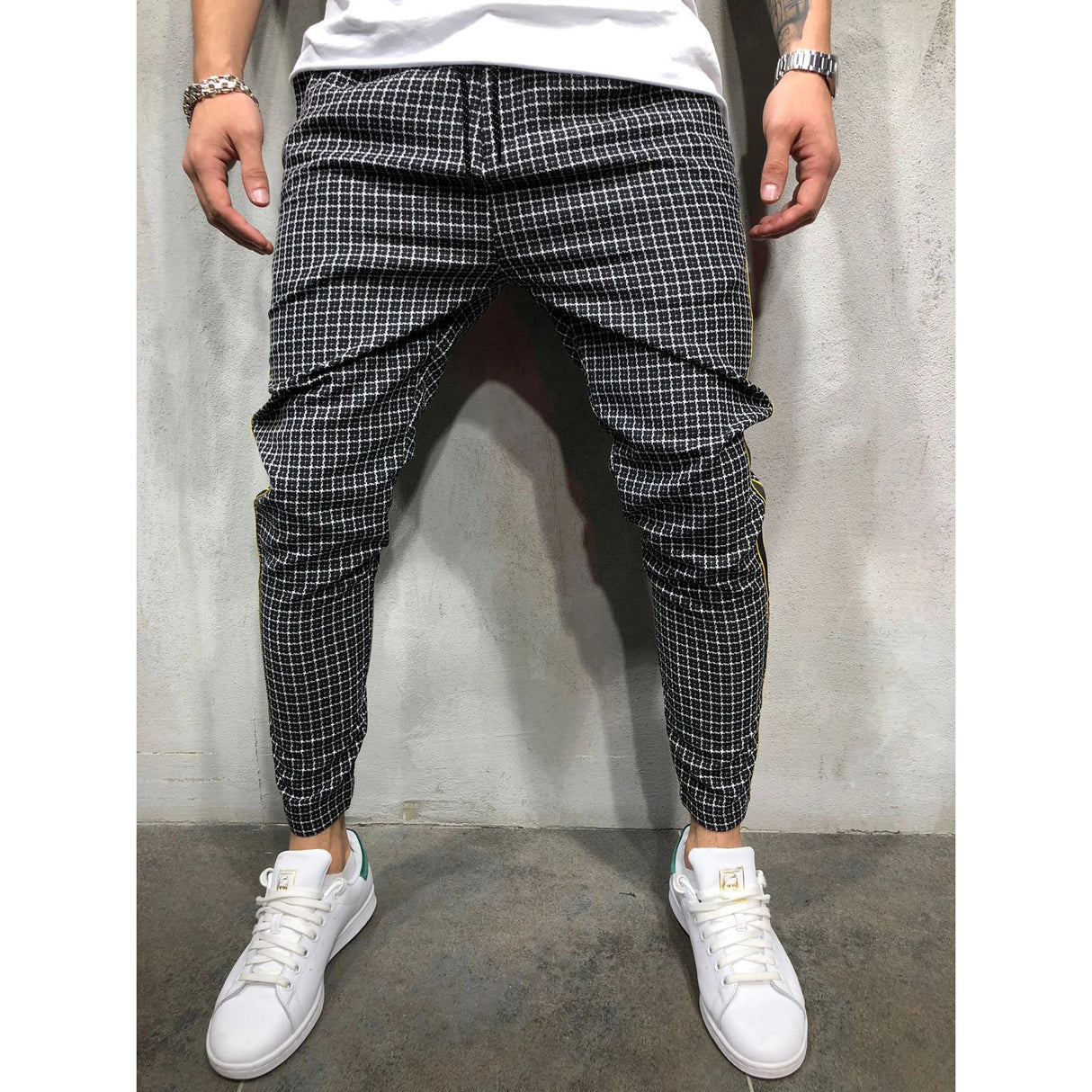 Slim-fit Webbing Stitching Lattice Tethered Casual Trousers