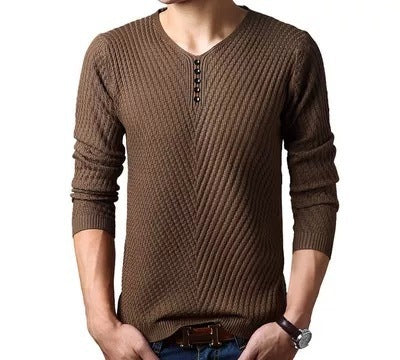 New Sweater Men's Pullover Solid Color V Neck Slim Bottoming Sweater