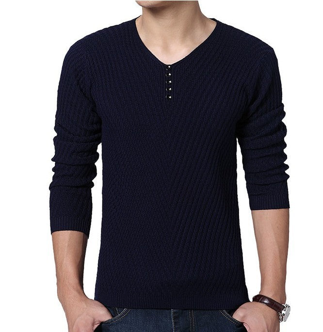 New Sweater Men's Pullover Solid Color V Neck Slim Bottoming Sweater