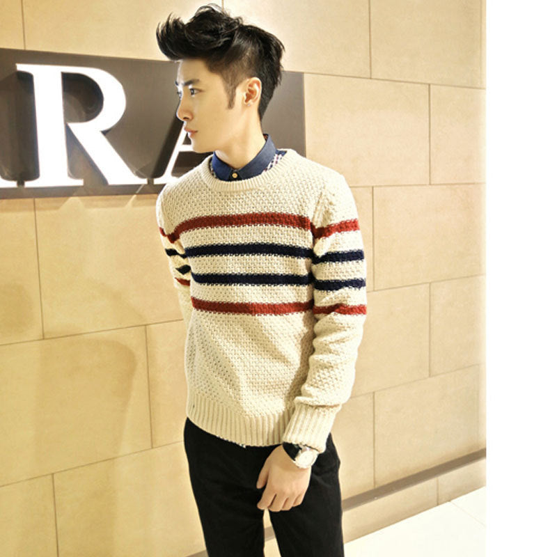 Round Neck Pullover Men's Sweater Fashion Striped Slim Fit Sweater