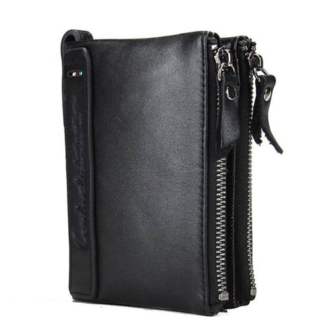 Black Angel Leather Men's Wallet Short Fashion Coin Purse Crazy Horse Cowhide Double Zipper Wallet - Dazpy