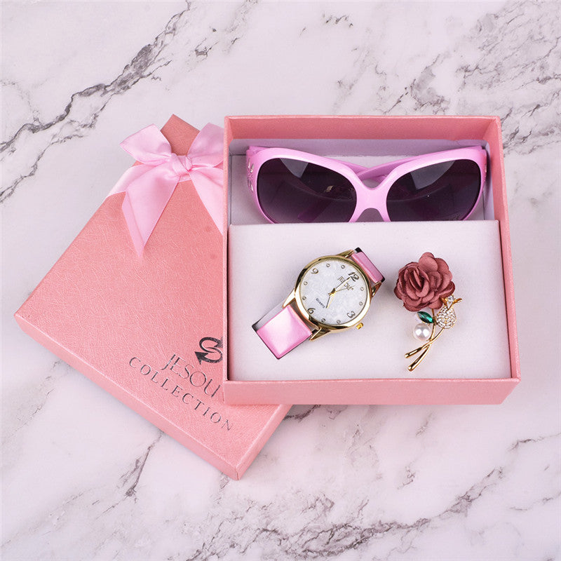 Women Watches Leather Quartz Wristwatch Sunglasses Corsage 3 Pcs Girl Christmas Gift New Year Gift Ladies Gift Box - Dazpy