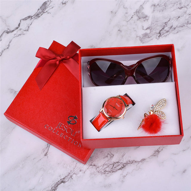 Women Watches Leather Quartz Wristwatch Sunglasses Corsage 3 Pcs Girl Christmas Gift New Year Gift Ladies Gift Box - Dazpy