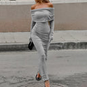 Gray High-Waist Long-Sleeve Fitted Maxi Dress